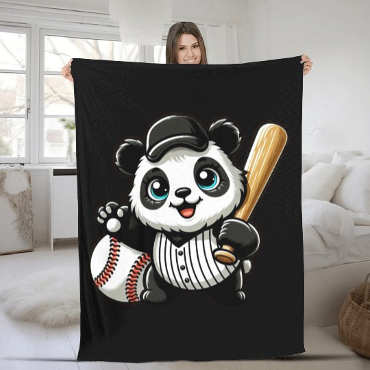 Panda Baseball Player in Action Fleece Blankets
