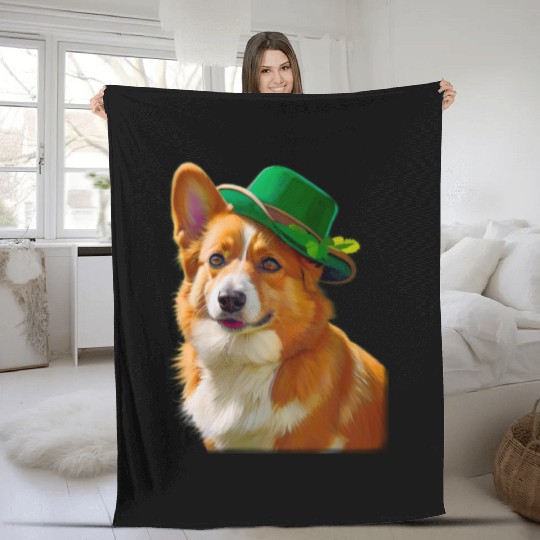 majestic Welsh Corgi dog with Irish Hat Fleece Blankets
