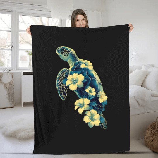 Nature Inspired Floral Sea Turtle with Tropical Fl Fleece Blankets