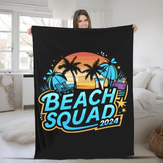 Beach Squad 2024 Tropical Sunset and Palm Trees Fleece Blankets
