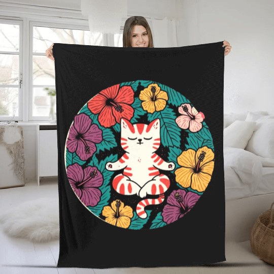 Zen Hibiscus Cat Fleece Blankets