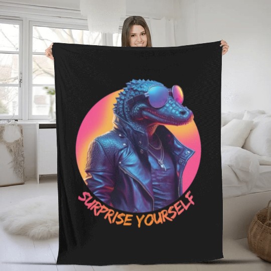 Synthwave style crocodile wearing sunglasses Fleece Blankets