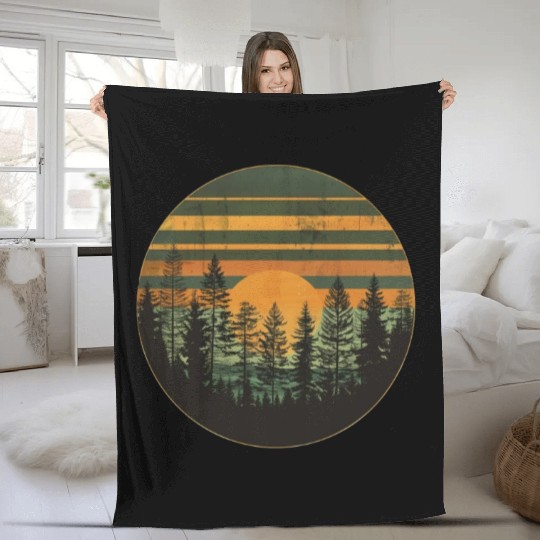 Sunset Forest Nature Outdoors Retro 80s Vibe 4 Fleece Blankets