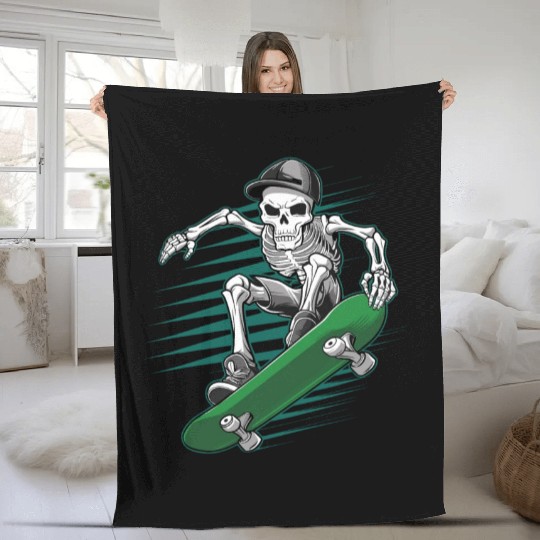Skeleton Skull Skateboarder Skater Skating Fleece Blankets