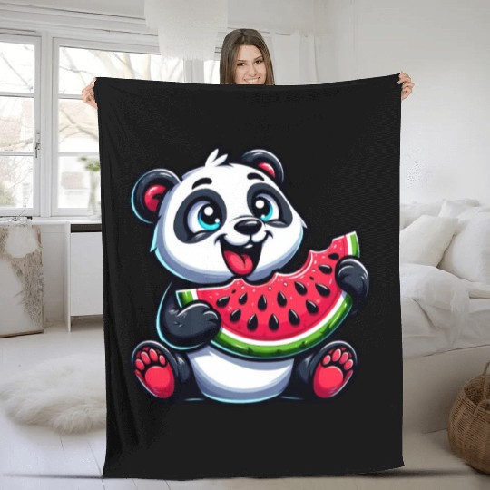 Panda with Watermelon Fruity Funny Fleece Blankets