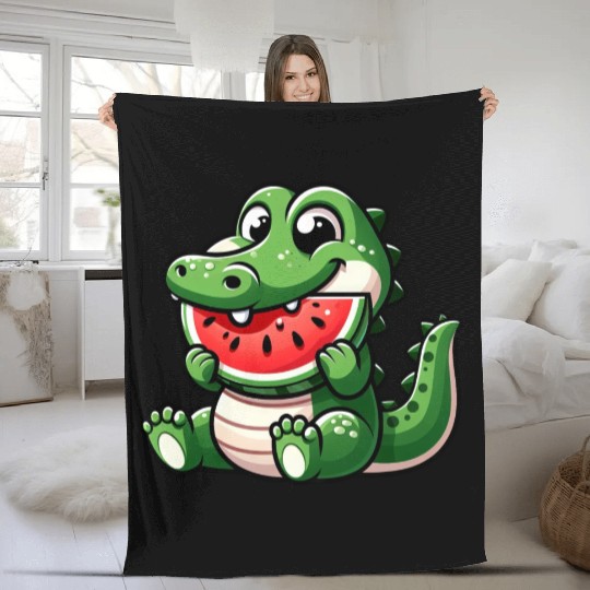 Crocodile With Watermelon Fruity Cute Fleece Blankets
