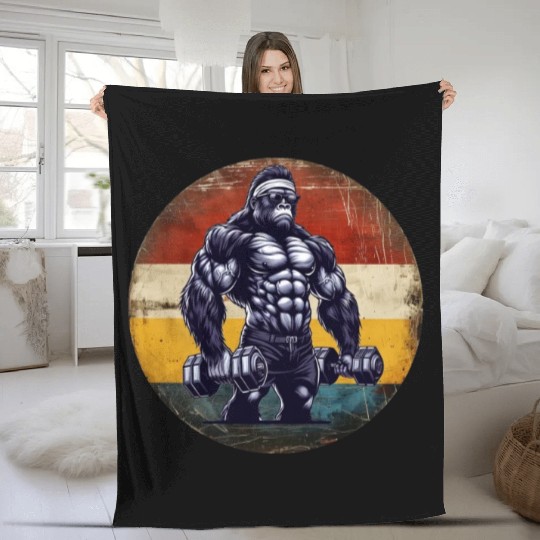 Muscular Gorilla Bodybuilder Gym Workout Sunset Fleece Blankets