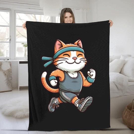 Cat Jogging Marathon Running Fun Fleece Blankets
