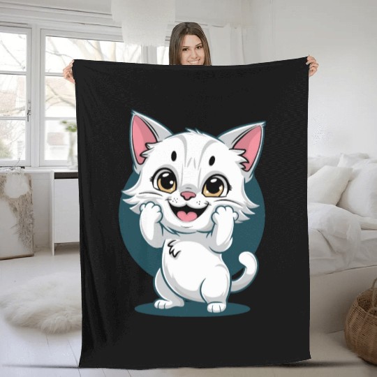Cute White Happy Surprise Cat Fleece Blankets