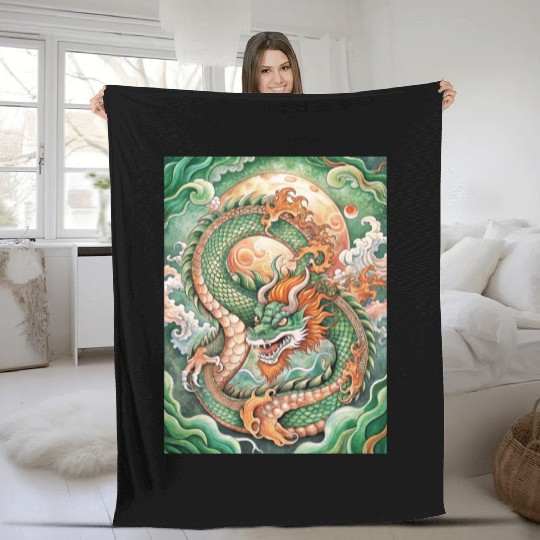 Traditional Chinese Dragon Ink Style Fleece Blankets
