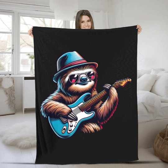 Cool Sloth E-Guitar Player Design Fleece Blankets
