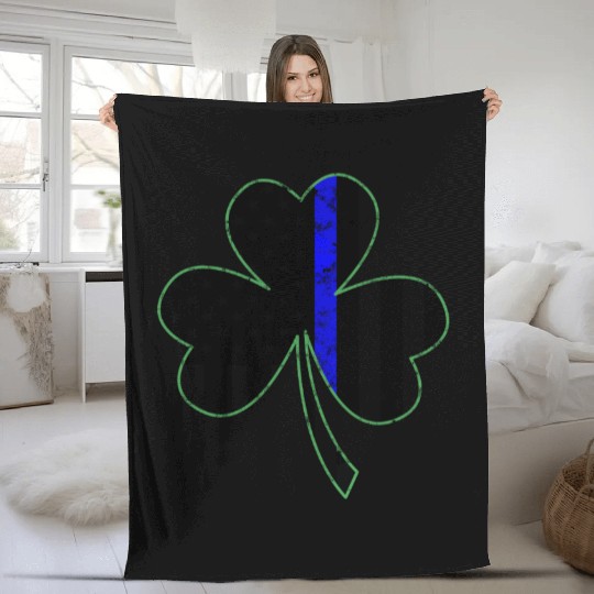 Thin Blue Line St Patricks Day Shamrock Police Fleece Blankets