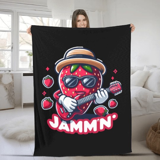 Jammin Strawberry Jam Playing a Guitar Rock n Roll Fleece Blankets
