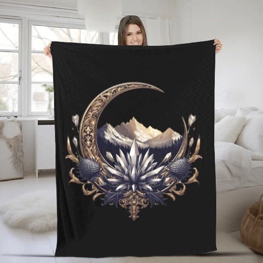 Crescent moon in gold, with crystals and mountains Fleece Blankets