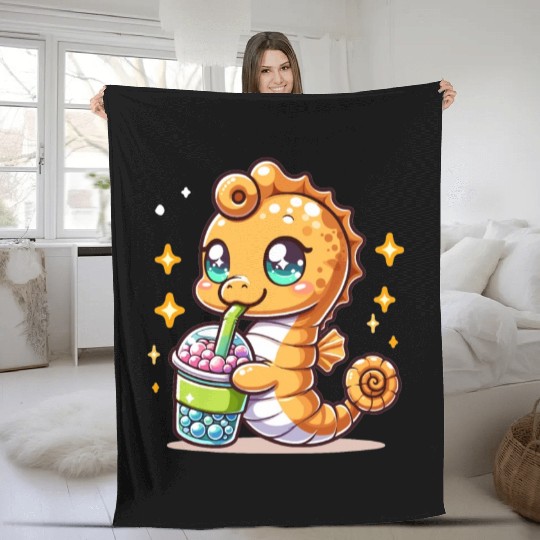 Kawaii Sea Horse Enjoys Bubble Tea Sea Animal Boba Fleece Blankets