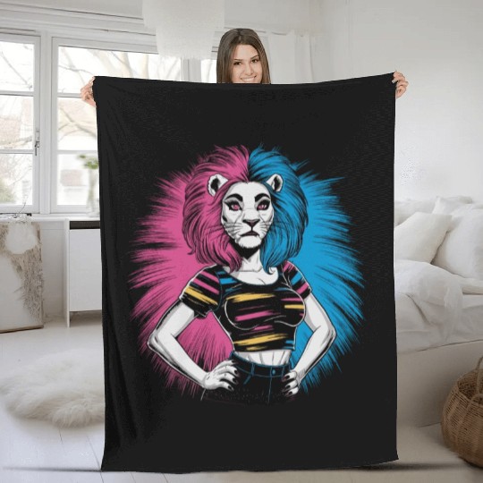 Punk Lion with pink and blue hair retro style for Fleece Blankets