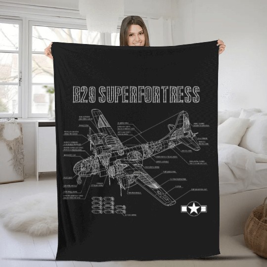 World War 2 Aircraft Blueprint WWII B29 Fleece Blankets