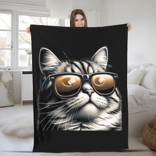 Cat in Gold Shades Fleece Blankets