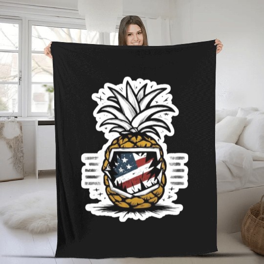 Vintage American Flag Pineapple 4th of July Gift Fleece Blankets