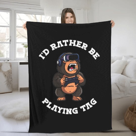 Gorilla Monkey I'd Rather Be Playing VR Gorilla Fleece Blankets