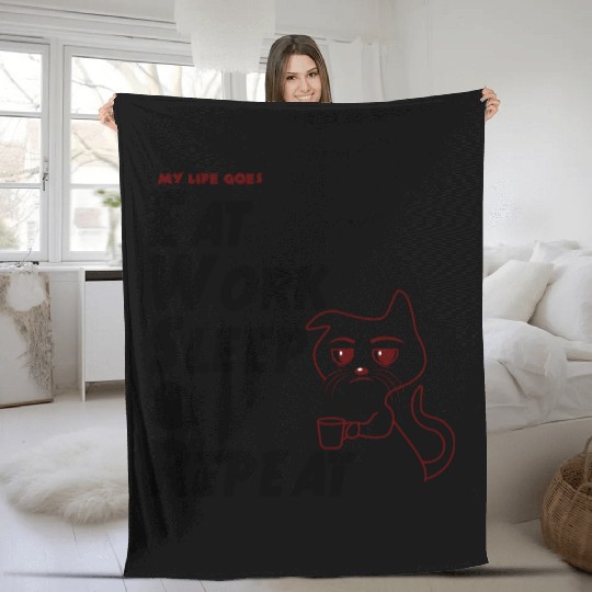 Eat Work Sleep & Repeat with a Tired Cat Fleece Blankets
