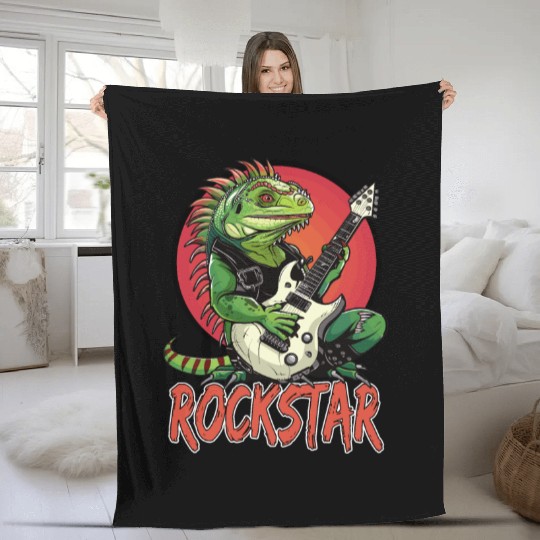 Rockstar Reptile Musician with Electric Guitar Fleece Blankets