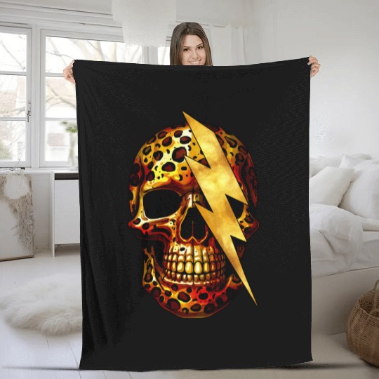 Skull with Leopard Print & Gold Spark Fleece Blankets