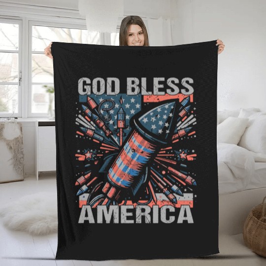 God Bless America Retro US Flag Funny Fireworks Fleece Blankets