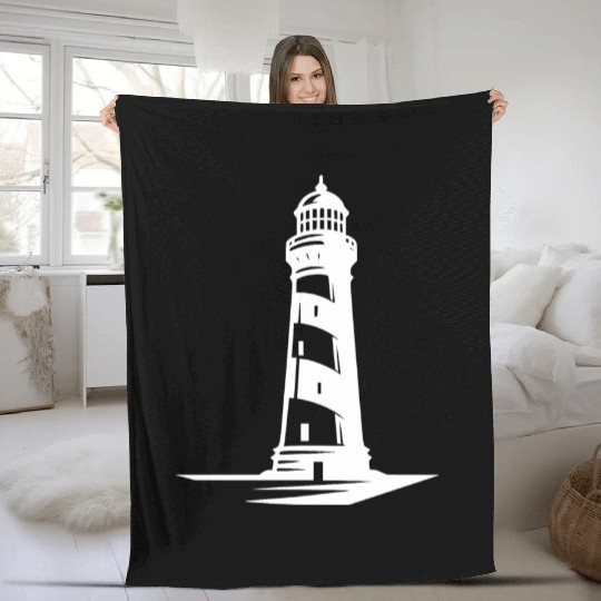 Old Lonely Striped Coastal Lighthouse Fleece Blankets