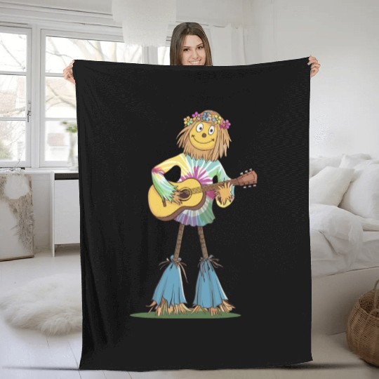 Hippie Scarecrow Playing Guitar Fleece Blankets