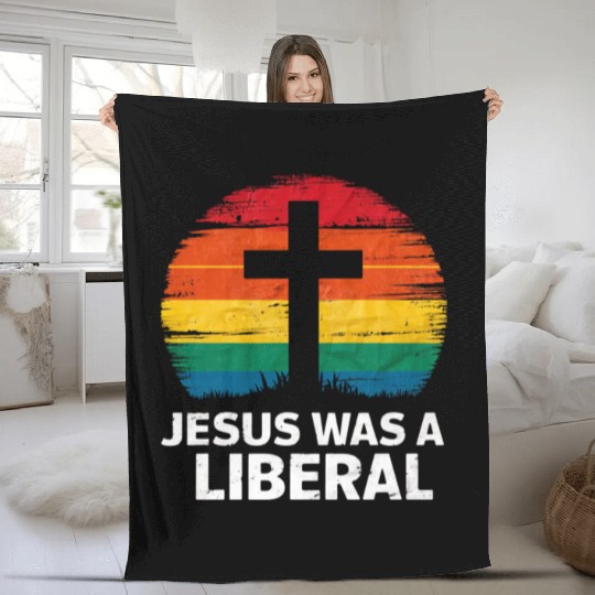 Jesus Was A Liberal Retro Sunset Progressive Fleece Blankets