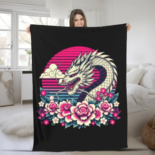 Tokyo Asian Dragon Vintage Style 80s Retro Japanes Fleece Blankets