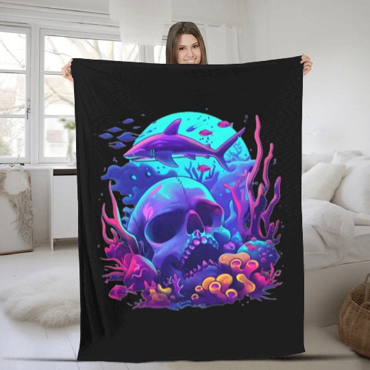Neon Blue Skull and Shark Fleece Blankets