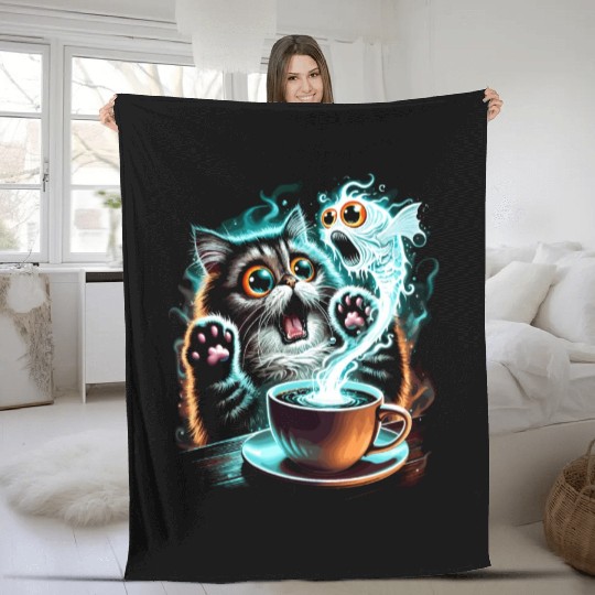Hilarious Scared Cat and Ghost Fish Design Fleece Blankets