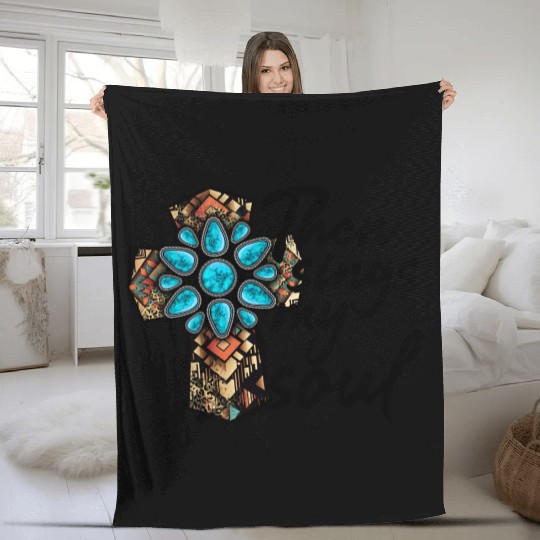 Turquoise Cross Western Aztec Art Fleece Blankets