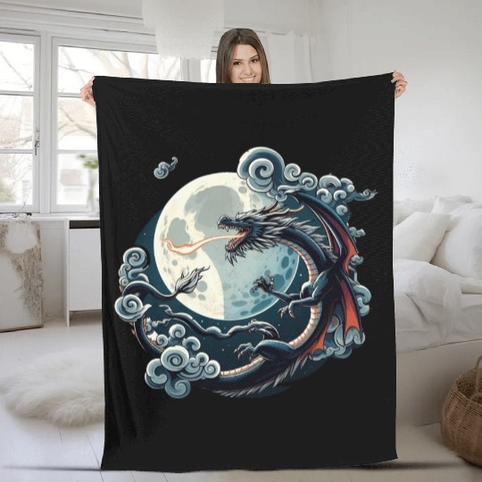 Mystical Dragon and Moon - Celestial Fantasy Fleece Blankets