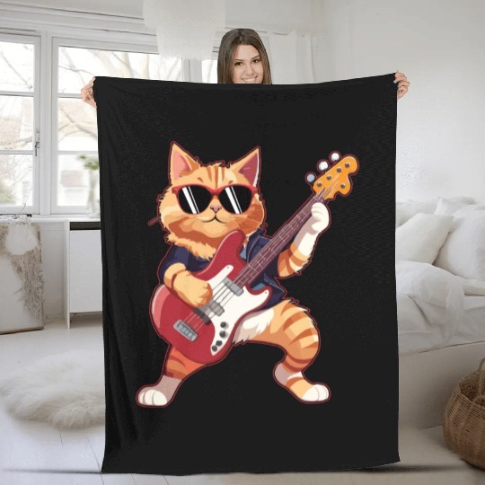 Musician Cat Plays Electric Guitar Instruments Fleece Blankets
