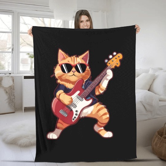 Musician Cat Plays Electric Guitar Instruments Fleece Blankets
