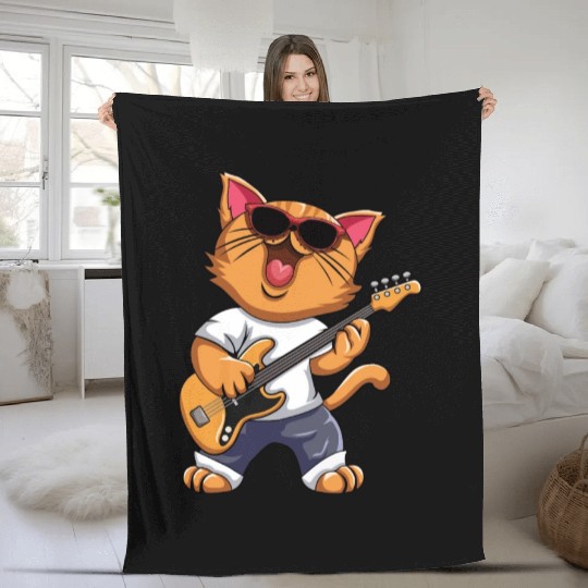 Funny Musician Cat Electric Guitar Instruments Fleece Blankets