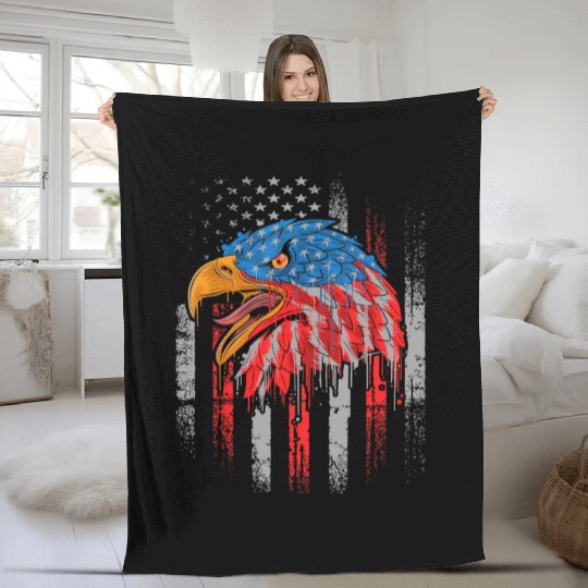 Retro US Flag Funny 4th July Bald Eagle Patriotic Fleece Blankets