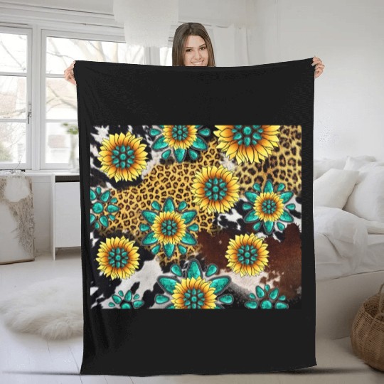Turquoise Gemstone Sunflowers Leopard Cowhide Fleece Blankets
