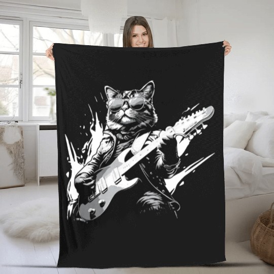 Love Rocker Cat Playing Guitar Music Musician Fleece Blankets