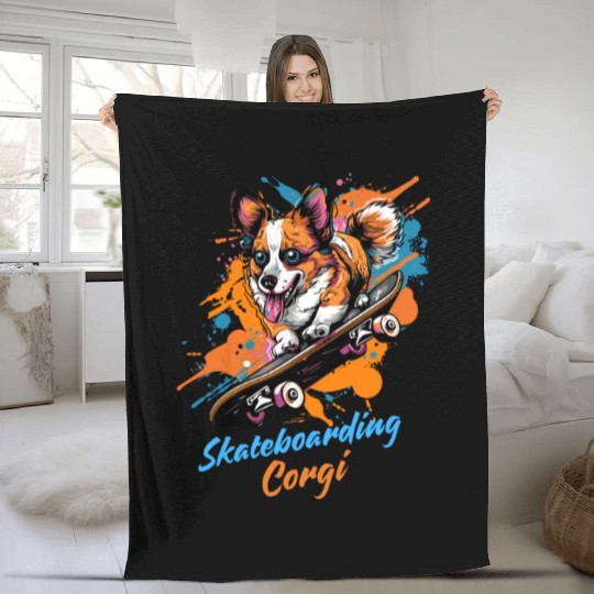 Skateboarding Corgi Adventure Fleece Blankets