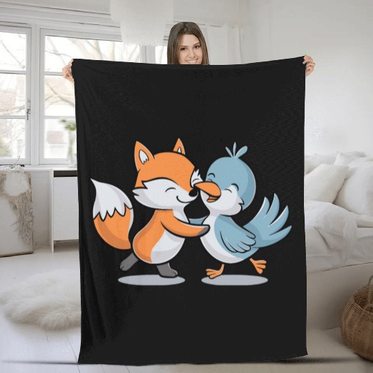 Cute Fox and Bird Friends Fleece Blankets