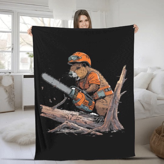 Beaver Lumberjack Chainsaw Fleece Blankets