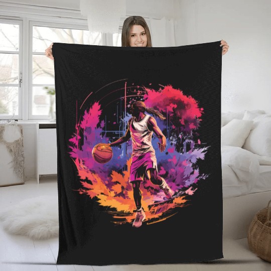 Basketball Player Surrounded by Sunset, Artwork Fleece Blankets