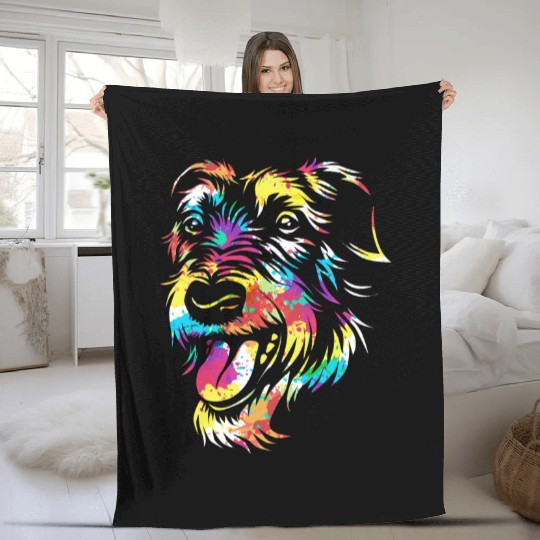 Splash Color Irish Wolfhound Dog Face Fleece Blankets