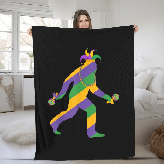 mardi gras bigfoot sasquatch men Fleece Blankets