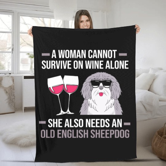 Wine And Dog Lover Old English Sheep Dog Mom Fleece Blankets