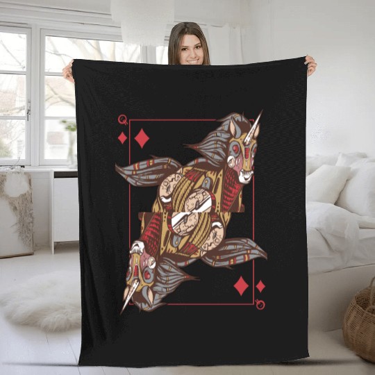Unicorn steampunk card game Queen of Diamonds Poke Fleece Blankets